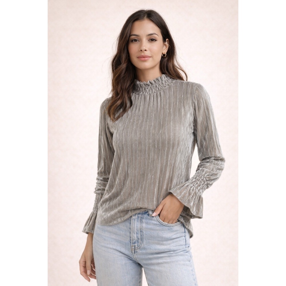 MOTF Metallic Pleated Top High Neck Long Sleeve Shimmer Blouse Chic Party Top S